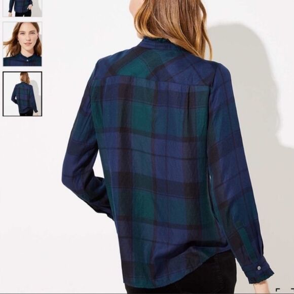 Ann Taylor LOFT Womens Button Front Shirt Sz Small Blue Green Plaid Rayon Blend - Picture 2 of 11